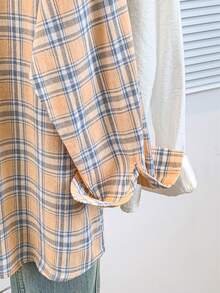 Áo sơ mi nữ dài tay kẻ caro xanh dương, chất liệu polyester, kiểu dáng thường ngày. - trái cam - Xem 8