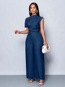 Mono de pierna ancha con hombros descubiertos, cuello asimétrico, pliegues en los hombros y manga corta, de uso casual, elegante y apropiado para salidas diurnas, en color albaricoque, para mujer de uso en las cuatro estaciones - Azul marino - Ver 7