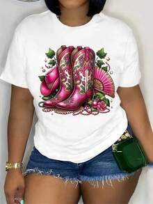 1 pieza de camiseta gráfica para mujer con estampado de botas de cowboy y flores, suave, transpirable, casual, de manga corta y cuello redondo, lavable a máquina, camiseta de verano, cómoda, estilo casual de moda urbana con diseño de baile de cowboy, 180g 100% algodón, todos los estampados son impresos. Unisexo. - Blanco - Ver 1