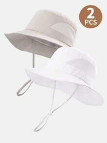 2pcs Kids' Lightweight Quick-Dry Large Brim Mesh Bucket Hat With Drawstring, Suitable For Boys And Girls Outdoor Activities In Summer - 2PS - View 19