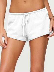 Women's Summer Drawstring Shorts Solid Color Low Waist Casual Breathable Short Pants - White - View 5