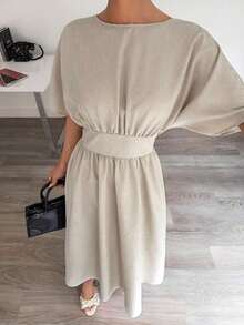 Vestido midi de verano casual para mujer con mangas de murciélago, espalda descubierta y cintura con lazo - Albaricoque - Ver 4