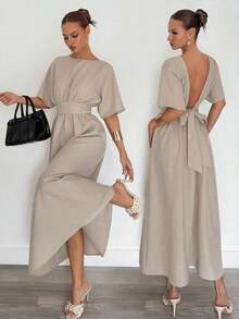 Vestido midi de verano casual para mujer con mangas de murciélago, espalda descubierta y cintura con lazo - Albaricoque - Ver 9