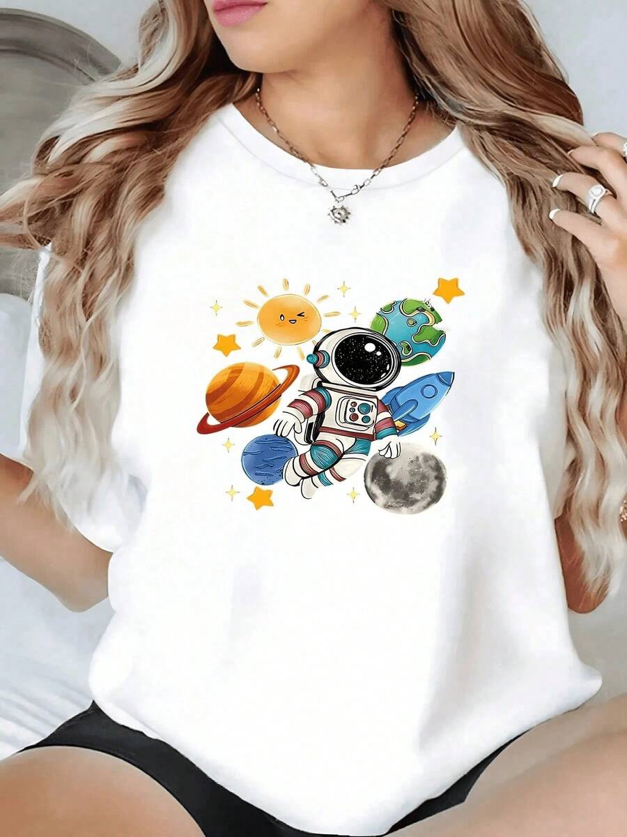 Camiseta Casual Mujer con Estampado de Astronauta entre Planetas y Estrellas Dise?o Espacial y Cómodo para el Día a Día. Camiseta Y2k - Blanco - Ver 1