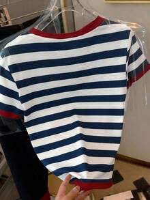 Camiseta casual de mujer de manga corta con cuello redondo, estampado de oso de dibujos animados y rayas - Multicolor 9 - Ver 2