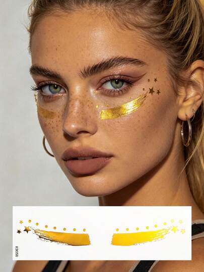 1pc Minimalist Gold Star Makeup Brush Face Sticker, Waterproof Facial Decor, Gold Brush Stripes & Star Elements, Suitable For Creative Makeup, World Cup Fan Cheering, Costume Party, Music Festival, Daily Facial Decoration Sticker