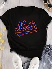 1 pieza Camiseta casual uni de 100% aodón con logotipo gráfico, camiseta deportiva de 220g con estilo urbano, camiseta de 100% aodón con estampado digital de tema de béisbol, camiseta casual de estilo hip hop de manga corta con cuello redondo, adecu para: eventos deportivos/fiestas de vacaciones/salidas/regalos deportivos y de otras vacaciones - Negro - Ver 2
