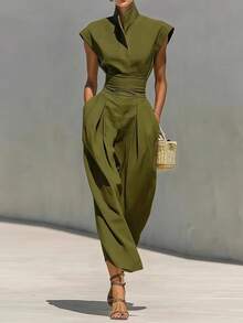 Vestido primavera mujer cuello alto liso con mangas voladoras elegante estilo europeo de moda - Verde - Ver 2