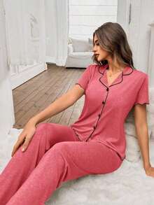 Mono de verano de punto ligero y suelto con volantes, de tela roja, de estilo casual y holgado para mujer - Rosado Sandía - Ver 1