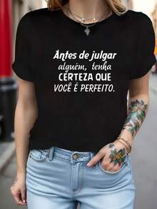 Limited Edition Portuguese Before Judging Someone, Be Certain That You Are Perfect Before Judging Others, Make Sure That You Yourself Are Perfect Women's Lightweight Cotton Short Sleeve Crew Neck T-Shirt, Text Print, Spring/Summer - 黑色 - 查看 1