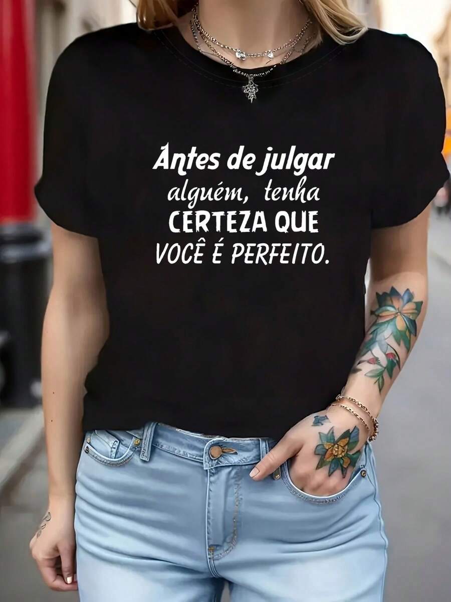 Limited Edition Portuguese Before Judging Someone, Be Certain That You Are Perfect Before Judging Others, Make Sure That You Yourself Are Perfect Women's Lightweight Cotton Short Sleeve Crew Neck T-Shirt, Text Print, Spring/Summer - 黑色 - 查看 1