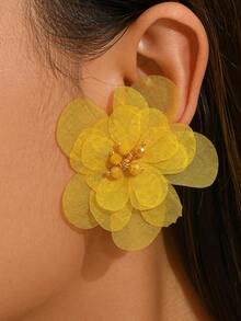 1 Pasang Anting Pendek Wanita Elegan Motif Bunga dari Kain, Cocok untuk Pemakaian Sehari-hari (Warna Manik-manik Acak) - Kuning - E1563 - View 2