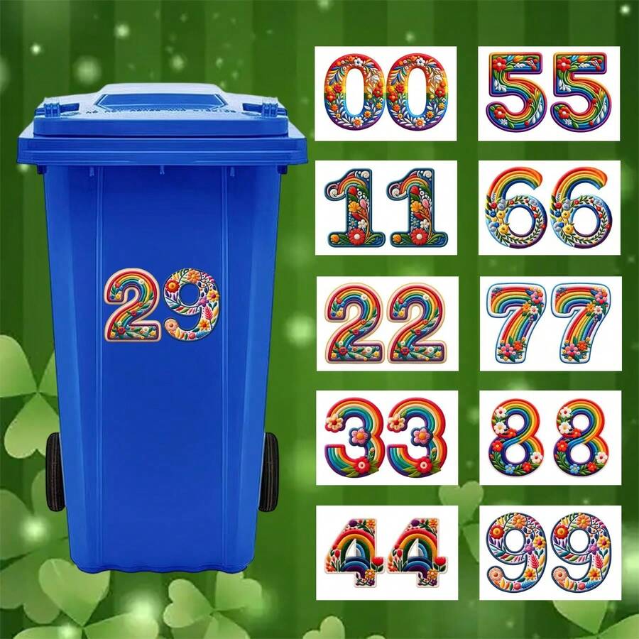 2 Sets Rainbow Floral Digital Trash Can Stickers, Removable Self-Adhesive Waterproof PVC Decals, Suitable For Car License Plates, House Numbers And Country Style Home Decor - Trash Can Stickers - View 1