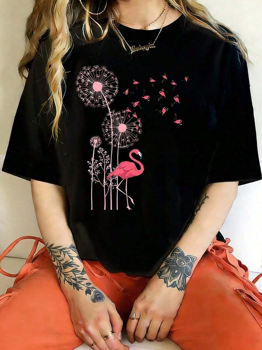 Ropa de mujer Dandelion Flamingo Flying Camiseta de mujer 100% algodón puro, informal, divertida, de gran tamaño, con estampado gráfico, manga corta, 1 pieza, camiseta novedosa con cuello redondo, camisetas de mujer - Negro - Ver 1