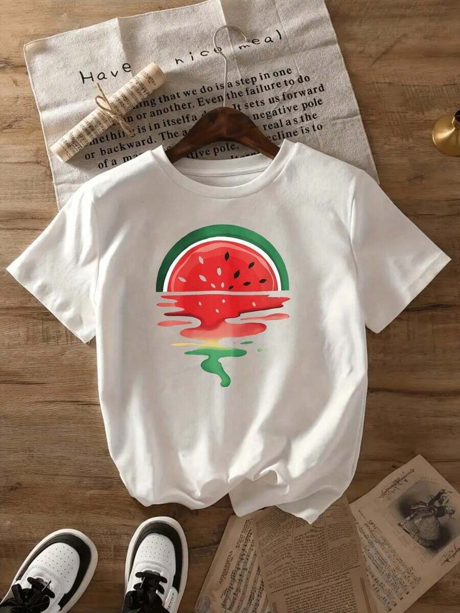 Casual Leisure Women's White T-Shirt With Melted Watermelon Print, Casual Summer Design For Women, Short Sleeve Tops, Bohemian Style For Beach And Leisure, American Casual Night - 白色 - 查看 1