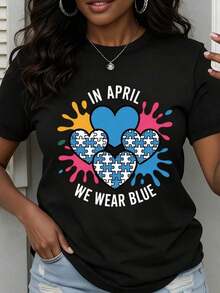 Camiseta de Cuello Redondo para Mujer con Estampado de Corazones de Concientización sobre el Autismo y Salpicaduras Coloridas, Manga Corta para Uso Casual y Eventos de Apoyo - Negro - Ver 7