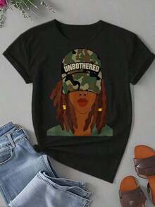 1 Piece Women's Casual Summer T-Shirt With Worry-Free Dreadlock Print, Short Sleeve, Round Neck, Soft And Breathable Sportswear Fabric, In Black, Pink And Orange Colors, Ideal For Holidays, 180g 100% Cotton. - 黑色 - 查看 2