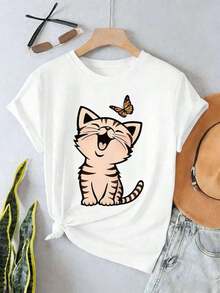 Camiseta de manga corta con estampado de gato adorable, de algodón suave, cuello redondo, corte holgado, cómoda, estilo hip-hop urbano. - Blanco - Ver 2