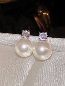 1 par de pendientes de perla falsa y diamante de imitación estilo minimalista clásico, elegantes pendientes de lujo franceses para mujeres, accesorio de moda para uso diario casual - Blanco - Ver 3