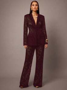 Pantalones de campana de cintura alta con encaje floral elegante y de moda para mujer - Burdeos - Ver 4