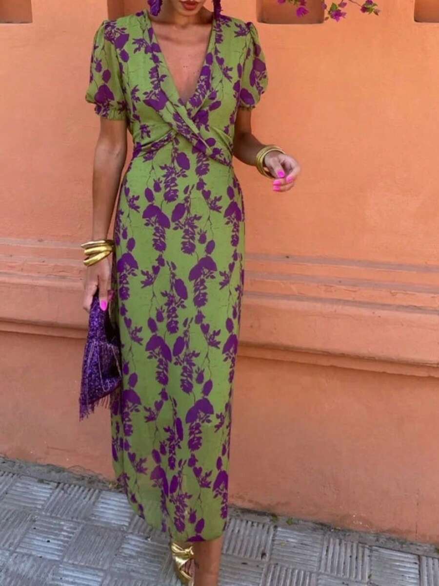 Nuevo vestido femenino de primavera 2026 vestido largo estampado de choque de moda elegante vestido de manga corta - Verde - Ver 1