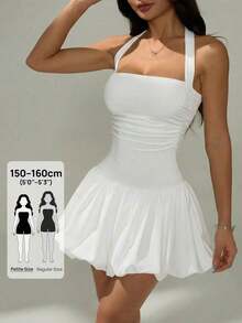 Vestido informal corto de unicolor con cuello de lazo y espalda descubierta para mujer - Blanco - Ver 10
