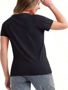 Camisetas de verano Mujer cráneo de vaca floral crisantemo imagen animada estampada Camiseta - Negro - Ver 4