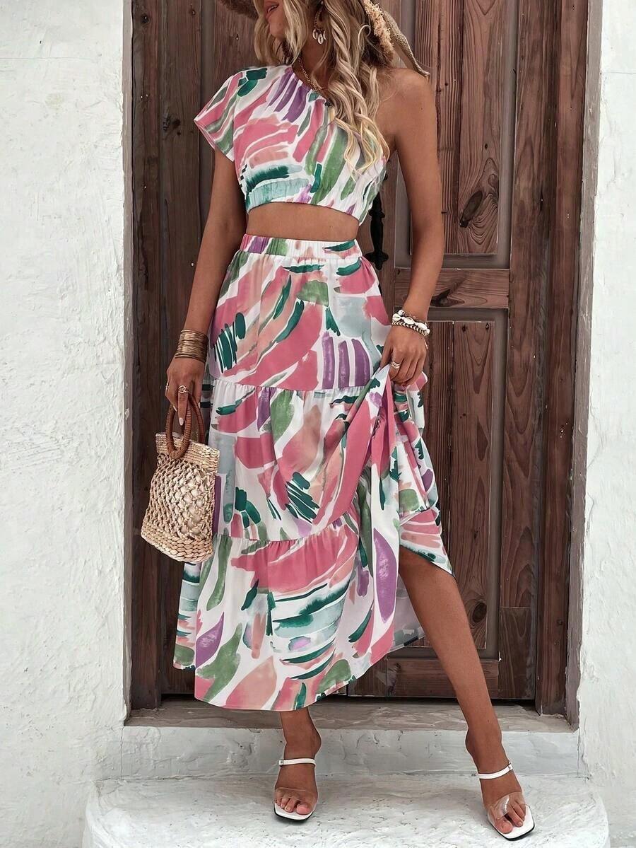 Elegant Green Fitted Short-Sleeved Blouse With Asymmetrical Shoulder + Elegant Beige A-Line Fitted Skirt, Perfect For Vacation/Resort Wear - 白色 - 查看 1