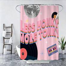 Bộ 4 món đồ dùng phòng tắm phong cách disco, bao gồm rèm tắm, thảm toilet, nắp bồn cầu và thảm bồn tắm, phụ kiện phòng tắm màu hồng retro. - A - Xem 6