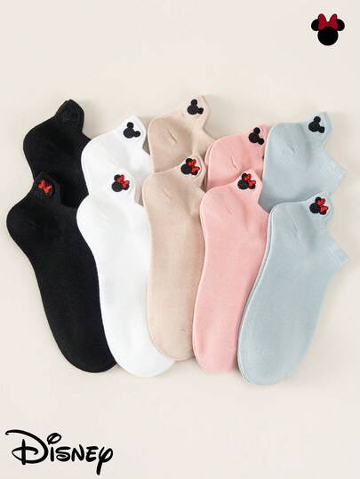  Bộ 5 đôi tất cổ ngắn Disney, họa tiết thêu Mickey, màu đen, trắng, xám, hồng.