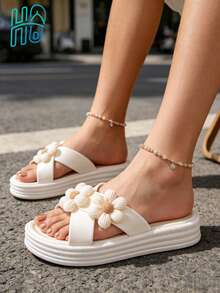 Damen bequeme & modische Sandalen mit Blumendekoration, Casual Alltagstragen, Strand Slip-On Pantoffeln, Damen Sommer Sandalen, Strand Essentiell, Damen Sommer Outfit, weiße Pantoffeln, weiße Sandalen - Weiss - Übersicht 4