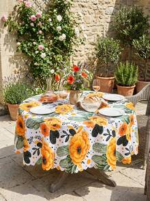 1pc Summer Floral Cactus Print Tablecloth Rectangular Table Cover Waterproof Polyester Fabric Tablecloth Boho Farmhouse Style Bright Orange Flower Green Cactus Pattern Table Cloth - Multicolor - View 12