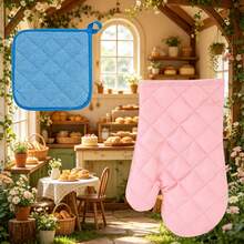 Refreshing Pink & Blue Kitchen Heat Resistant Gloves & Pot Holders Set, Thick Non-Slip Design Suitable For Oven & Microwave, Practical & Stylish Kitchen Accessories - View 1