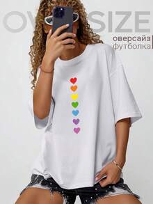 Camiseta holgada con estampado de corazón arcoíris estilo americano, top blanco versátil y adelgazante para el verano, estilo europeo y americano de manga corta. - Camisa blanca de manga corta - Ver 2