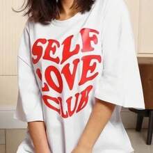 White Loose-Fitting American-Style T-Shirt With Heart And Letter Print, European And American Fashion, Modern, Slimming And Versatile Short-Sleeved Top. - 白色短袖 - 查看 5