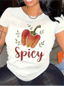 Pimiento Rojo con Hojas y Texto Picante - Camiseta Blanca 100% Pura - Estilo Casual, Cuello Redondo, Manga Corta, Suave y Cómoda, Camisetas de Moda Urbana para Todas las Temporadas, Ropa Casual| Camiseta de Cuello Redondo Y2k - Negro - Ver 1