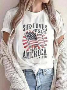She Loves Jesus And America, Too. Men's And Women's American Flag Print T-Shirt, Crew Neck, For Summer. Soft, Stylish, And Comfortable Short-Sleeved Women's Graphic Tee, Summer Wear. - 白色 - 查看 7