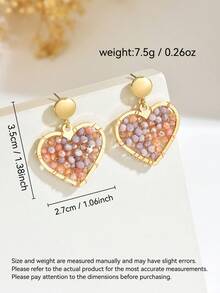 1 par de pendientes de corazón púrpura hechos a mano con cuentas de lujo, pendientes de corazón tejidos en 3D de moda y creativos, adecuados para uso diario, vacaciones y fiestas de mujeres (el color, la cantidad y la posición de las cuentas hechas a mano son aleatorios) - mezcla morada - Ver 4