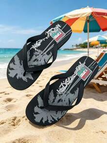 Men's Fashion Slippers With Coconut Tree & Letter Design, Casual Flip Flops For Beach, Party, Home & Outdoor, Summer - Black a - View 3