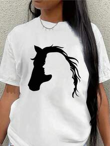 Lightweight And Durable T-Shirt With A Horse Head Design, Ideal For Casual Outings, Outdoor Activities, And Everyday Wear, Offering A Comfortable Fit For Both Men And Women. - 白色 - 查看 1