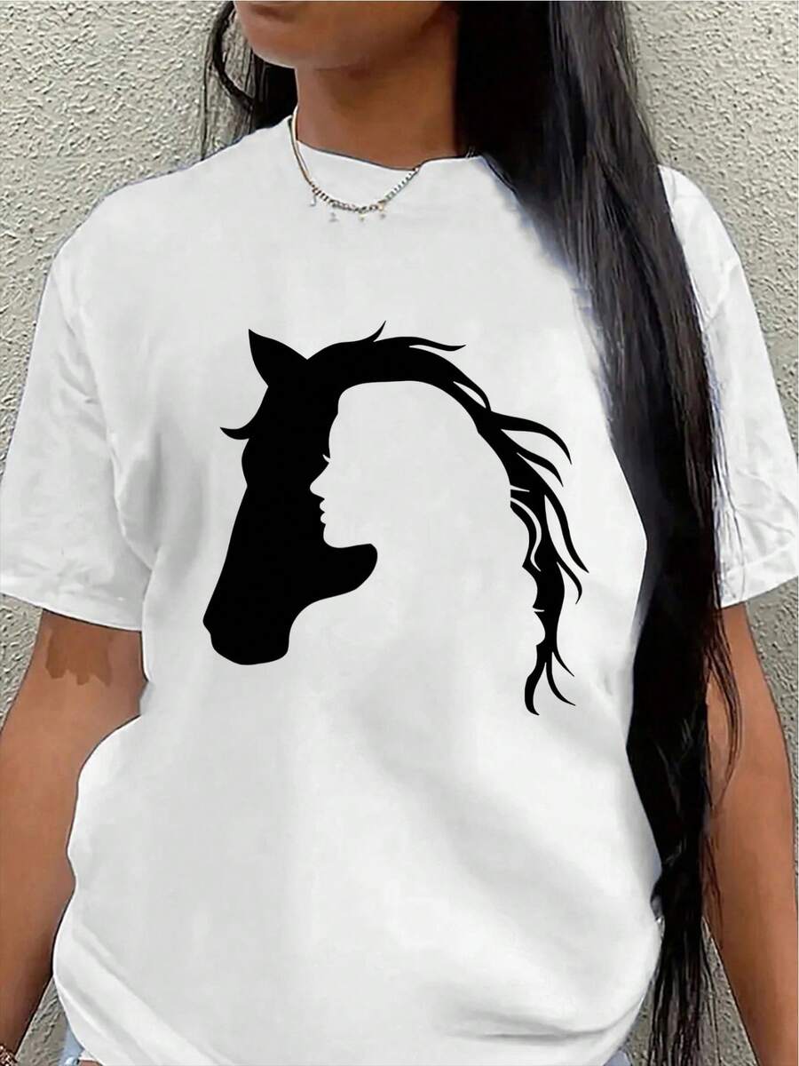 Lightweight And Durable T-Shirt With A Horse Head Design, Ideal For Casual Outings, Outdoor Activities, And Everyday Wear, Offering A Comfortable Fit For Both Men And Women. - 白色 - 查看 1