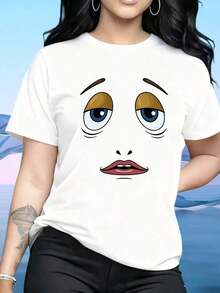 Camiseta de Mujer, Camiseta con Cara de Dibujos Animados, Ojos Grandes y Características Expresivas, Top Casual para Mujer, Camiseta Gráfica Blanca, Pieza de Moda. Aplicable a: Uso Diario, Hogar, Paseos al Aire Libre, Día de San Valentín, Regalos Navideños, Camiseta, 220g. - Negro - Ver 4