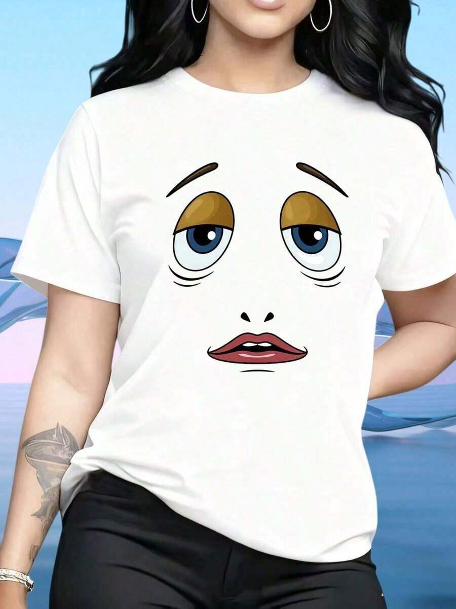 Camiseta de Mujer, Camiseta con Cara de Dibujos Animados, Ojos Grandes y Características Expresivas, Top Casual para Mujer, Camiseta Gráfica Blanca, Pieza de Moda. Aplicable a: Uso Diario, Hogar, Paseos al Aire Libre, Día de San Valentín, Regalos Navideños, Camiseta, 220g. - Blanco - Ver 1