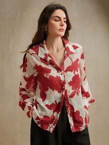 Blusa de manga larga casual de verano para mujer, de estilo jacquard francés tejido, elegante y de ocio para vacaciones - Rojo - Ver 4