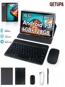 Qetupa M9 10.1 吋 Android 13 平板電腦，4GB RAM+64GB/128GB ROM，MTK 6762 八核心 2.0GHz 處理器，5MP 前置鏡頭與 13MP 後置鏡頭，6000mAh 大容量電池，HD (1280x800) IPS 觸控螢幕 - 查看 1