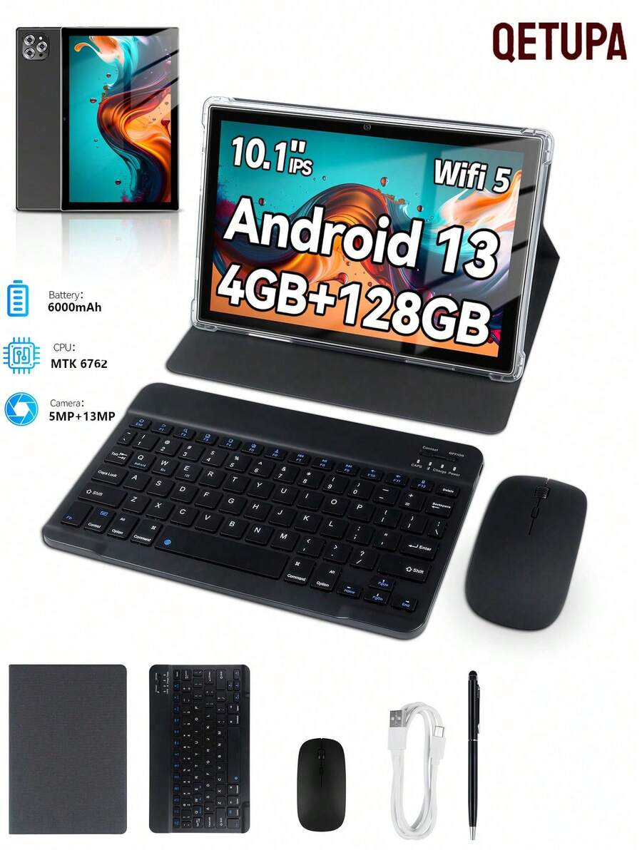 Qetupa M9 10.1 吋 Android 13 平板電腦,4GB RAM+64GB/128GB ROM,MTK 6762 八核心 2.0GHz 處理器,5MP 前置鏡頭與 13MP 後置鏡頭,6000mAh 大容量電池,HD (1280x800) IPS 觸控螢幕 - 查看 1