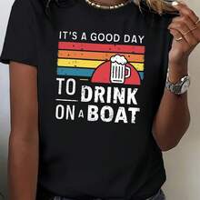 Women's clothes T-Shirt "It's a Good Day" - "Drink on a Boat" Print with Beer Mug and Rainbow Stripes, Soft and Breathable Fabric, clotheshine Washable, Round Neck Shclothest Sleeve fclothes Spring/Summer, Beach, Sailing, and Outdoclothes Activities, Fun Relaxed Fit Tee - Negro - Ver 1