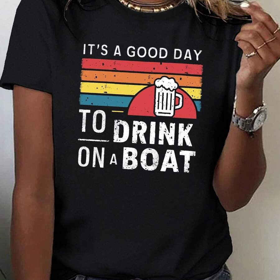 Women's clothes T-Shirt "It's a Good Day" - "Drink on a Boat" Print with Beer Mug and Rainbow Stripes, Soft and Breathable Fabric, clotheshine Washable, Round Neck Shclothest Sleeve fclothes Spring/Summer, Beach, Sailing, and Outdoclothes Activities, Fun Relaxed Fit Tee - Negro - Ver 1