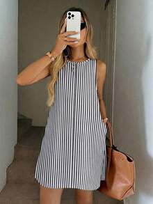 Vestido casual de mujer de línea A sin mangas a rayas con bolsillos acolchados, conjunto elegante de vacaciones, estilo retro lujoso - Multicolor 4 - Ver 2