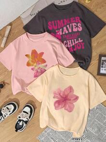 1 pieza/Set de camiseta de manga corta con cuello redondo, estampado floral minimalista, estilo casual de verano, moderna y versátil para mujer. - Albaricoque - Ver 2